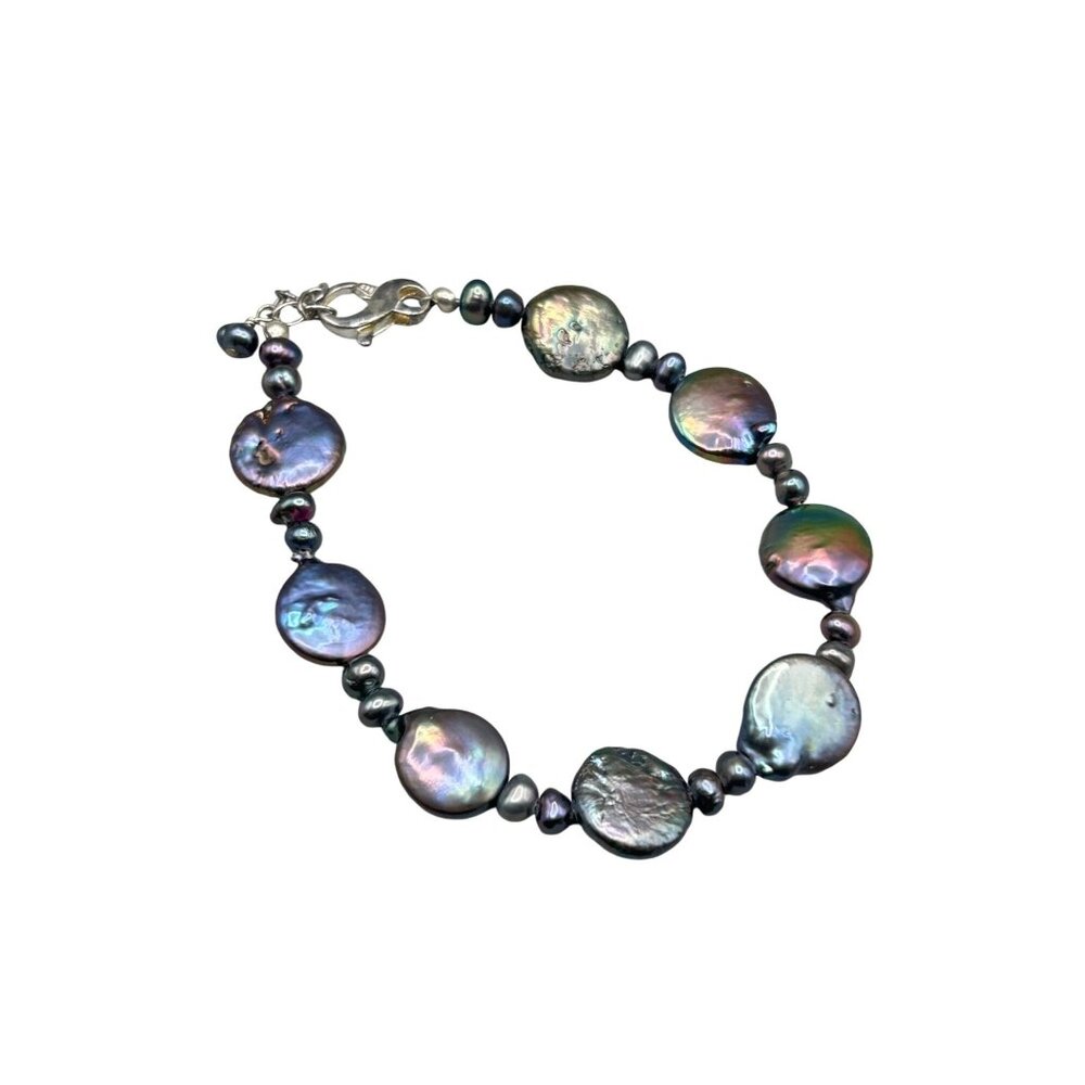 Genuine Peacock Pearl Bracelet  925 Silver Clasp Lentil Shaped Beads 8.5 Inch